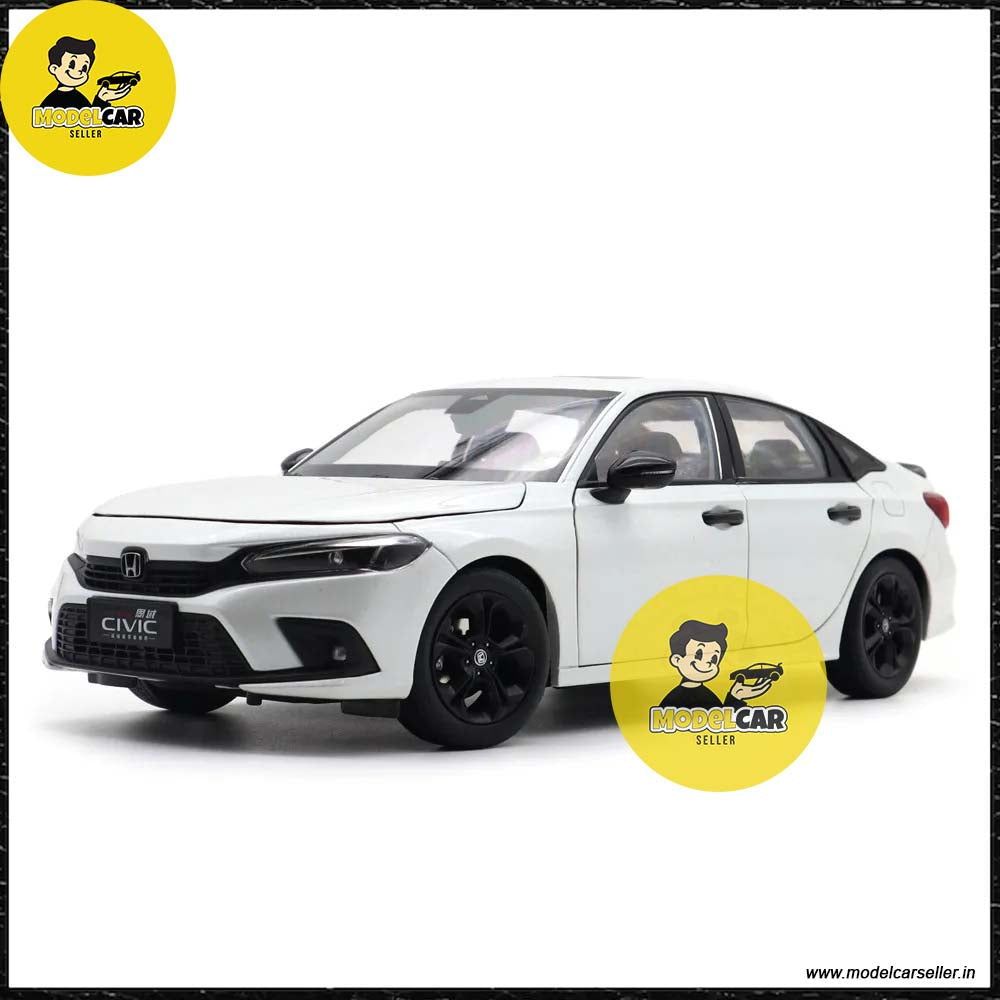 White Honda Civic model car with black rims on a white background, featuring 'Model Car Seller' logo.