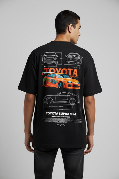 Black t-shirt with Toyota Supra MK4 design on a gray background